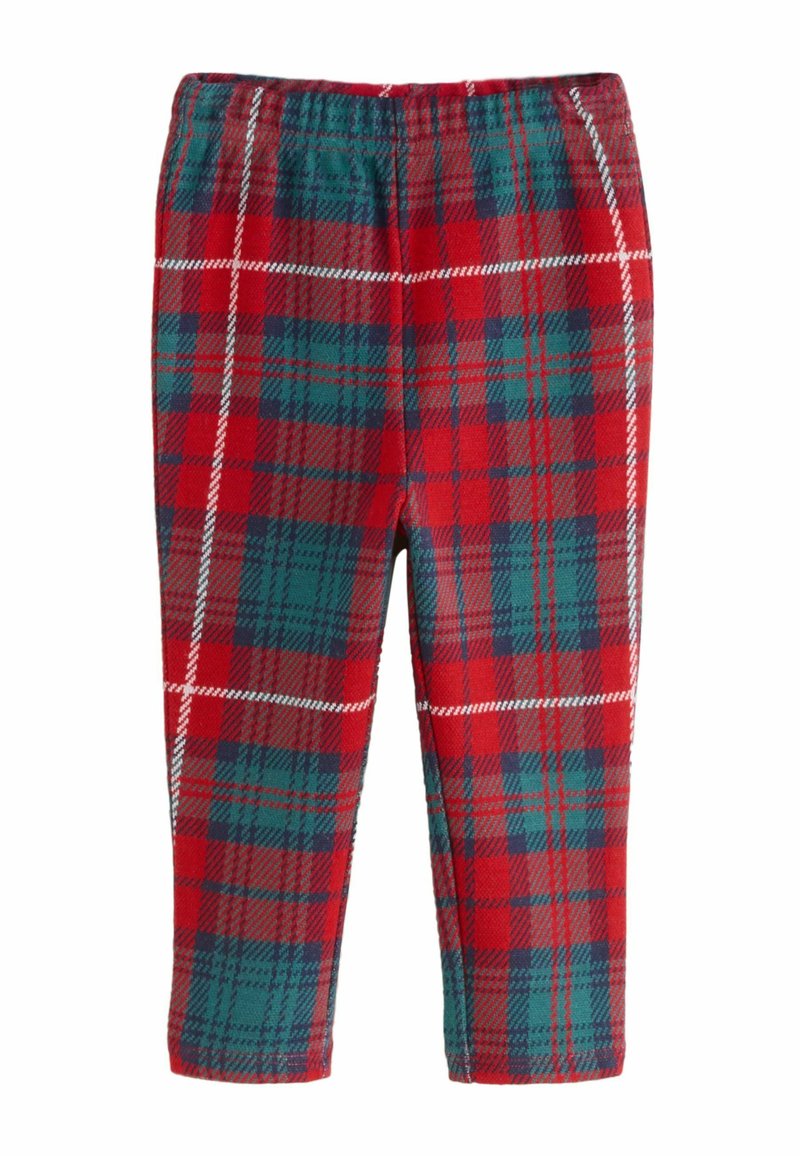 Pantalones a cuadros rojos y verdes con una textura suave, que cuentan con una cinturilla elástica fruncida y acentos blancos en el patrón.