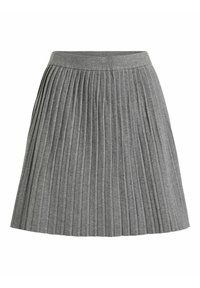 Šedá plisovaná sukně s přiléhavým pasovým pásem, texturovanou pleteninou a pravidelnými svislými záhyby, navržená pro klasický siluetu.