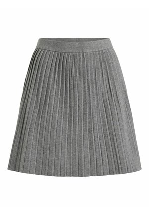 Szara plisowana spódnica z dopasowanym pasem, teksturowanym dzianinowym materiałem i równomiernymi pionowymi plisami, zaprojektowana dla klasycznej sylwetki.