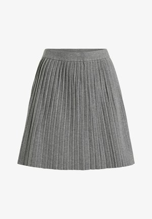Šedá plisovaná sukně s přiléhavým pasovým pásem, texturovanou pleteninou a pravidelnými svislými záhyby, navržená pro klasický siluetu.