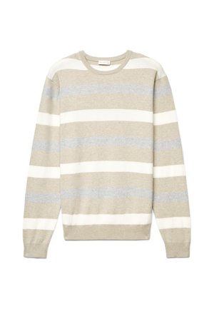 Maglione a maniche lunghe con scollo tondo e righe orizzontali beige, bianco e grigio chiaro.