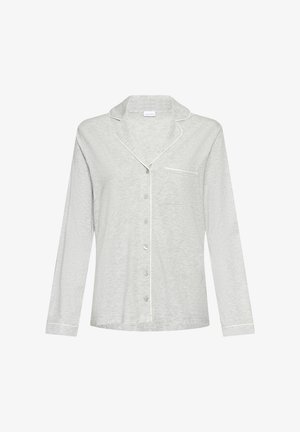 Helehall hall pikkade varrukatega öösärk, millel on valged ääred, notifikael, rinnatasku ja nööbid, esitatud valgel taustal.