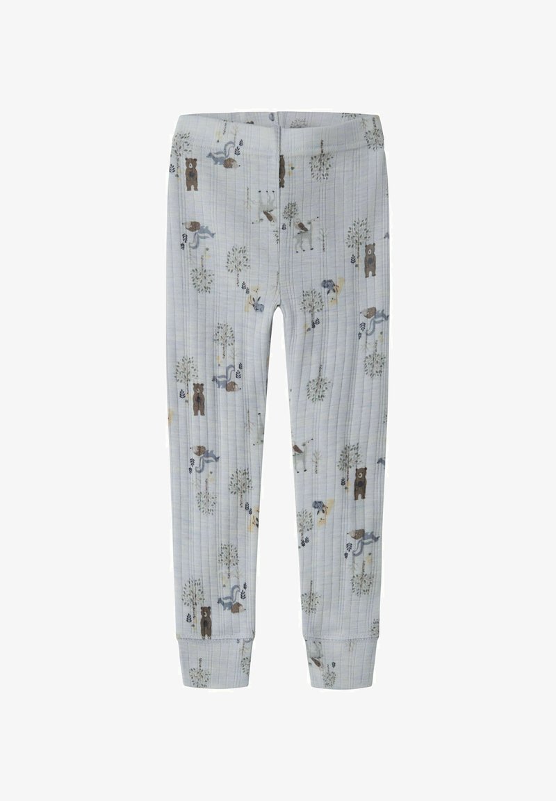 Pantalon bébé gris clair côtelé avec imprimés d'animaux de la forêt et d'arbres, comprenant des ours, des écureuils, des lapins et des oiseaux, doté d'une taille élastique.
