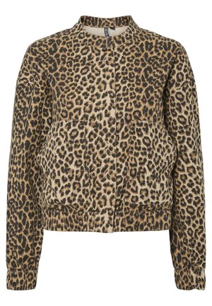Veste en imprimé léopard dans des tons de marron et de beige, avec un col rond, des manches longues et deux poches avant, fabriquée en tissu doux.