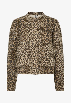Leopard print jacket in shades of brown and beige, with a round neckline, long sleeves, and two front pockets, made from soft fabric.