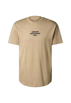 T-shirt in cotone beige con collo rotondo e maniche corte. Presenta sul davanti il testo ricamato in nero "ARMANI EXCHANGE 1991".