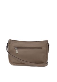 Borsa a tracolla in pelle marrone con un compartimento con zip, una cucitura discreta e una tracolla removibile. Texture liscia e design minimalista.
