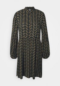Abito a maniche lunghe di colore blu navy con motivo a zigzag dorato, dotato di colletto alto, chiusura a bottoni e vita arricciata, realizzato in tessuto morbido.