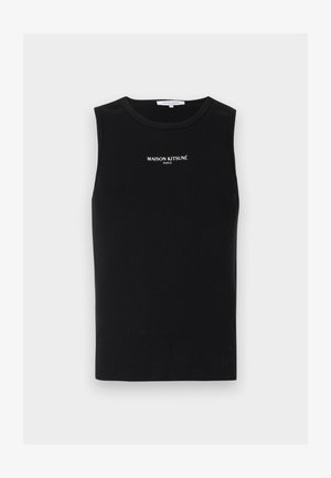 Sort ærmeløs ribstrikket tanktop med hvidt "MAISON KITSUNÉ PARIS"-logo centreret på brystet, rund halsudskæring.