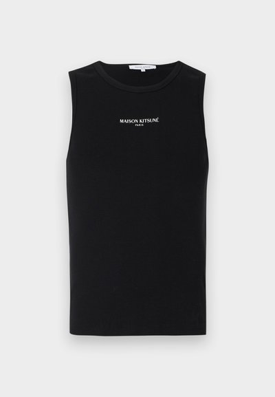 Débardeur noir côtelé sans manches avec logo blanc "MAISON KITSUNÉ PARIS" centré sur la poitrine, col rond.