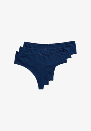 Marineblaue Baumwollstrings, mit einem glatten Material, elastischem Bund und kleinen Schleifchen auf der Rückseite. Set aus drei Stück.