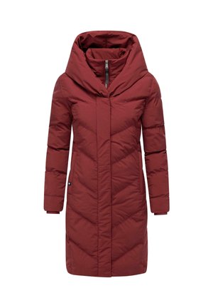 Red puffer coat with a high collar, featuring a front zipper, long sleeves, and quilted pattern. Smooth texture and knee-length design.