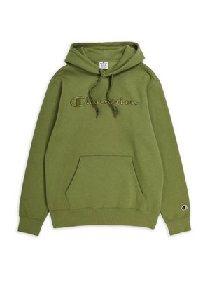 Olivengrøn Champion-hoodie med frontlomme, justerbar snøre i hætten, broderet logo på brystet og lille logo på venstre håndled.