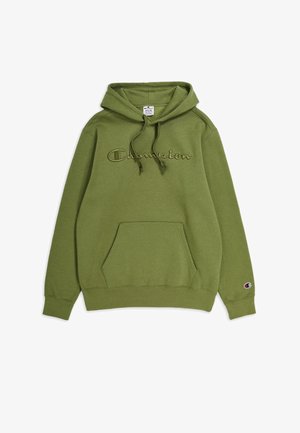 Olivengroene Champion hoodie met voorzak, verstelbare capuchon met trekkoord, geborduurd logo op de borst en klein logo op de linkerpols.