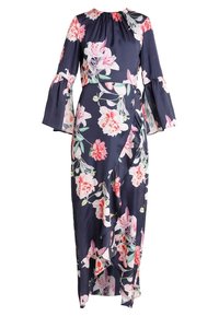 Granatowa sukienka kwiatowa z długimi rękawami dzwonowymi, zebranym dekoltem i fasonem typu kopertowego z różowymi i zielonymi wzorami kwiatowymi. Miękka tekstura materiału.