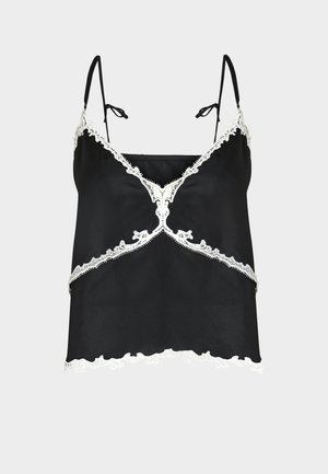 Črna satenska camisole z belo čipko obrobo na izrezu, robu in prekrivajočih sprednjih panelih ter tankimi nastavljivimi naramnicami.