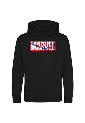 Sort hættetrøje med frontlomme med en rød og hvid Marvel-logo og en blå Spider-Man illustration inde i teksten.