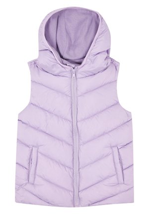 Licht lavendelkleurige mouwloze puffervest met een capuchon, voorzien van een ritssluiting aan de voorkant en een chevron-quiltpatroon. Inclusief twee zijzakken.