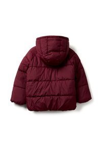 Vínová péřová bunda s kapucí, prošívaným designem a vodorovným prošitím. Měkká, vycpaná textura s pohodlným střihem.