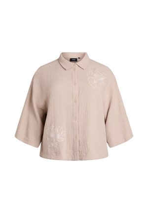 Béžová textúrovaná krátka košeľa na gombíky so širokými polovičnými rukávmi a bielou kvetinovou výšivkou na hrudi a spodnej strane.