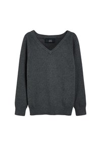 Dark gray v-neck sweater with long sleeves, ribbed cuffs and hem, made from a soft knit material, featuring a slightly relaxed fit.