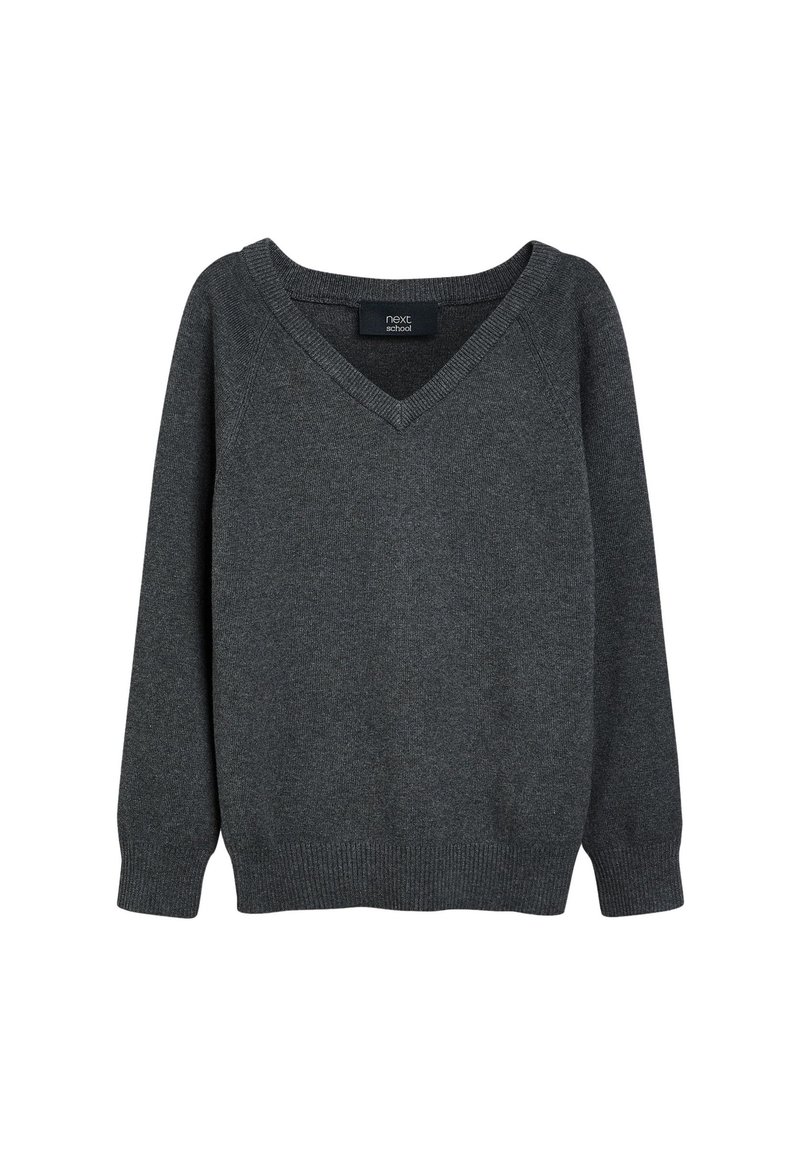 Dark gray v-neck sweater with long sleeves, ribbed cuffs and hem, made from a soft knit material, featuring a slightly relaxed fit.