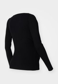 Black ribbed long-sleeve top with a round neckline and form-fitting design. The fabric appears textured and lightweight.