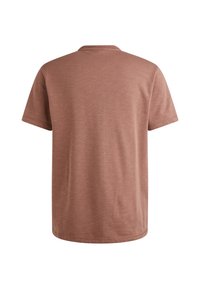 Tričko s krátkým rukávem v tlumené barvě mauve, vyrobené z měkkého materiálu. Disponuje kulatým výstřihem a volným střihem bez jakýchkoli grafik nebo vzorů.