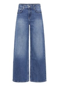 Jeans blu a gamba larga in denim, caratterizzati da un lavaggio chiaro, un design a cinque tasche e una chiusura con bottone e zip frontale.