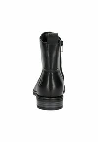 Black leather ankle boot with a zipper closure, rounded toe, and low stacked heel. Smooth texture and subtle logo detail on the side.