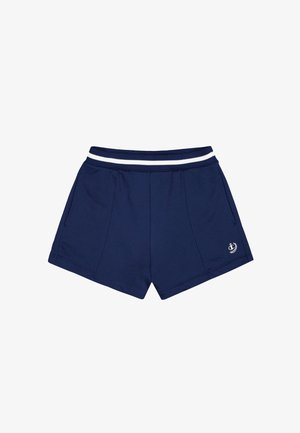 Marineblauwe sportshorts met een witte gestreepte tailleband, voorzien van twee zijzakken en een logodetail aan de onderzijde links. Glad materiaal.