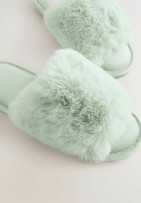Mintgroene slippers van imitatiebont met een zachte bovenzijde en een gladde zool. Voorzien van een afgeronde vorm en een zachte textuur voor comfort.