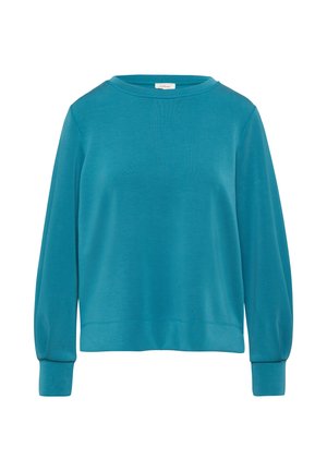 Un sweat-shirt teal fabriqué à partir d'un matériau doux, doté d'un col arrondi, de manches longues et d'une coupe décontractée avec des poignets et un ourlet côtelés.