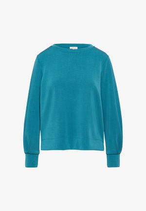 Türkiser Sweatshirt aus weichem Material, mit rundem Ausschnitt, langen Ärmeln und lockerem Schnitt sowie gerippten Bündchen und Saum.