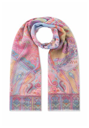 Lichte sjaal met pastel paisley- en bloemmotieven in roze, blauw, geel en groen, voorzien van een decoratieve rand en franjes aan de randen.