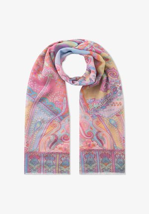 Écharpe légère avec des motifs cachemire et floraux pastel en rose, bleu, jaune et vert, ornée d'une bordure décorative et de bords frangés.