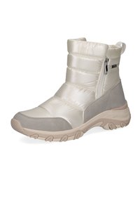 Botín acolchado en beige claro y gris. Cuenta con un zipper lateral, tejido texturizado y una suela de goma duradera con un patrón de agarre.