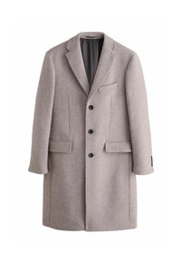 Jasnoszary wełniany płaszcz o wyprofilowanym kołnierzu, z trzema kieszeniami z przodu, czterema guzikami i jedną kieszenią na piersi. Gładka tekstura i wyraźny kształt.