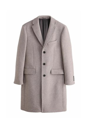 Lichtgrijze wollen overjas met een geknipte kraag, drie voorzakken, vier knopen en een enkele borstzak. Gladde textuur en gestructureerde vorm.