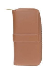 Brązowy portfel na zamek błyskawiczny z przeszywaną taśmą z przodu, gładka textura i złoty uchwyt zamka.