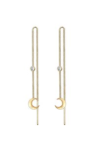 Orecchini color oro con un design a forma di luna crescente, caratterizzati da due catene pendenti e una pietra decorativa nella parte superiore.