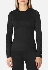 Schwarzes langärmeliges Thermoshirt aus glattem Stoff, mit Rundhalsausschnitt und schmaler Passform. Kleines Logodetail am Saum.