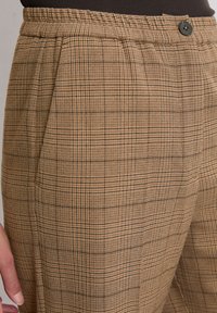 Braun karierte Hose aus strukturiertem Stoff, mit Knopfverschluss, Seitentaschen und einer taillierten Passform mit Falten.