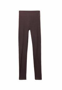 Brune leggings lavet af strækbart, glat stof. Har en høj talje og fuldlængde design, uden synlige mønstre eller hardware.