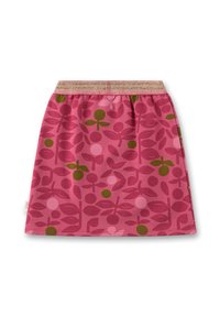 Rosa A-Linien-Rock mit einem grünen und dunkelpinken abstrakten Blumenmuster sowie einem glitzernden rosa elastischen Bund, flach auf weißem Hintergrund ausgelegt.