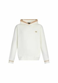 Weißer Hoodie mit einem beigen V-förmigen Kragen, Logo auf der Brust, gerippten Bündchen und Saum. Hergestellt aus einem weichen Stoff und in einem lässigen Schnitt.