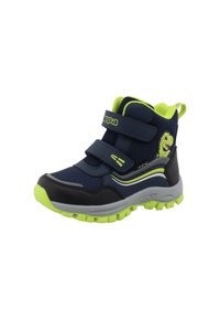 Hochschaft-Kinderstiefel in Marineblau und Limettengrün. Verfügt über ein Obermaterial aus Synthetik, Klettverschlüsse, eine strukturierte Laufsohle und einen Akzent mit Dinosauriergrafik.