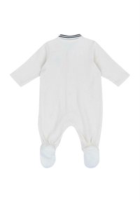 Body bébé blanc côtelé à manches longues, avec col rayé marine et design avec pieds. Tissu doux, construction simple et pratique.