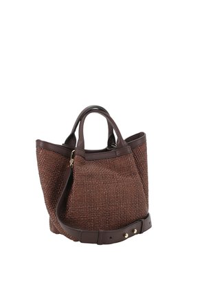 Brown woven tote bag with two short handles and an adjustable shoulder strap with gold-tone hardware.