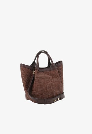 Brown woven tote bag with two short handles and an adjustable shoulder strap with gold-tone hardware.